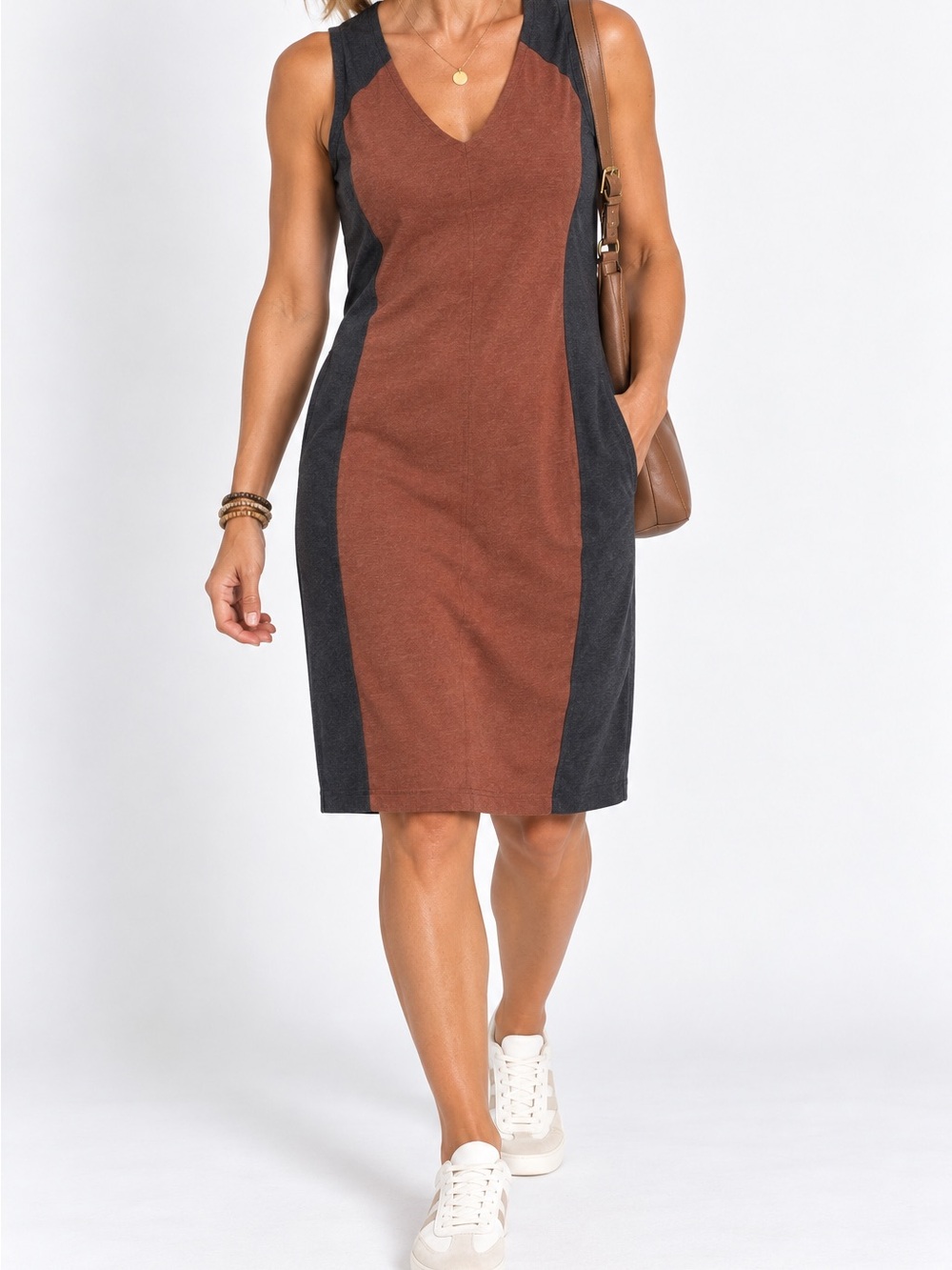 KAVU‎ Sleeveless Color Block Stretch Dress Brown Black size large